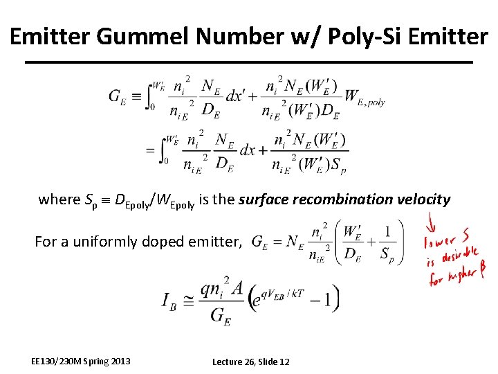 Emitter Gummel Number w/ Poly-Si Emitter where Sp DEpoly/WEpoly is the surface recombination velocity