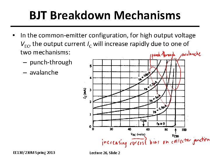 BJT Breakdown Mechanisms • In the common-emitter configuration, for high output voltage VEC, the