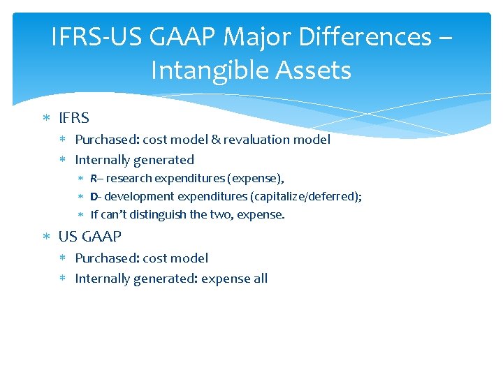 IFRS-US GAAP Major Differences – Intangible Assets IFRS Purchased: cost model & revaluation model