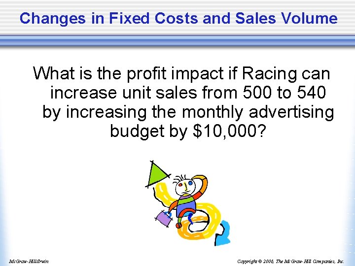Changes in Fixed Costs and Sales Volume What is the profit impact if Racing