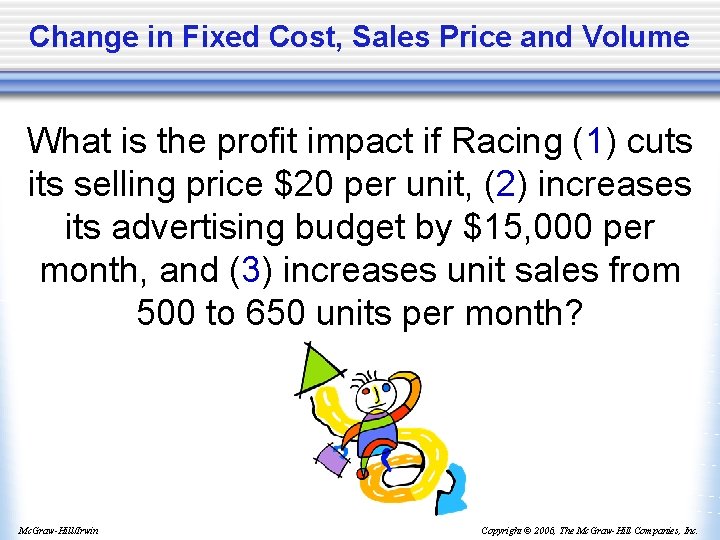 Change in Fixed Cost, Sales Price and Volume What is the profit impact if
