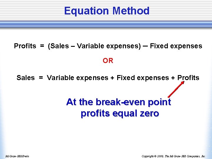 Equation Method Profits = (Sales – Variable expenses) – Fixed expenses OR Sales =