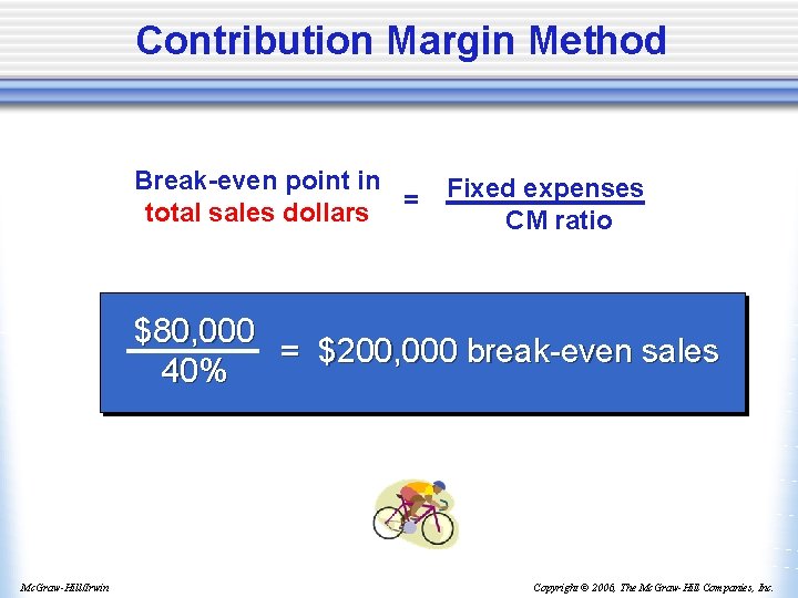 Contribution Margin Method Break-even point in total sales dollars = Fixed expenses CM ratio