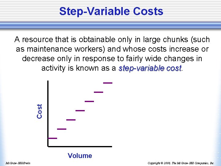 Step-Variable Costs Cost A resource that is obtainable only in large chunks (such as