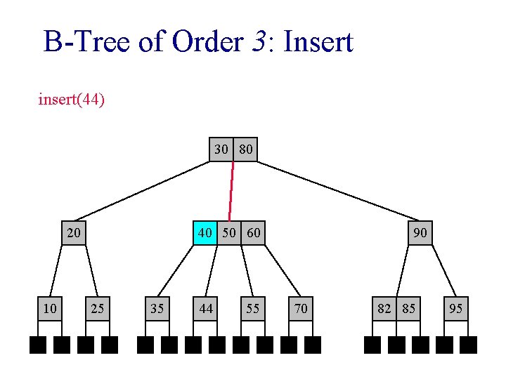 B-Tree of Order 3: Insert insert(44) 30 80 20 10 40 50 60 25