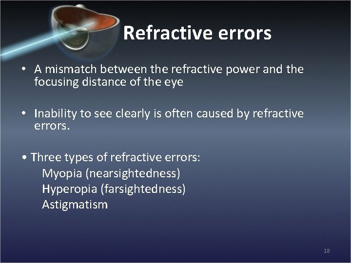 Refractive errors • A mismatch between the refractive power and the focusing distance of