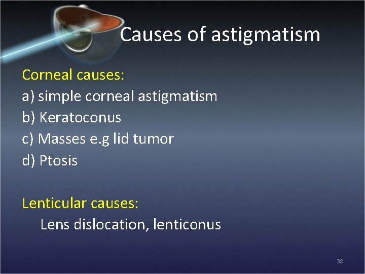 Causes of astigmatism Corneal causes: a) simple corneal astigmatism b) Keratoconus c) Masses e.