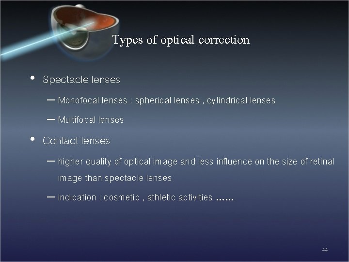 Types of optical correction • Spectacle lenses – Monofocal lenses : spherical lenses ,