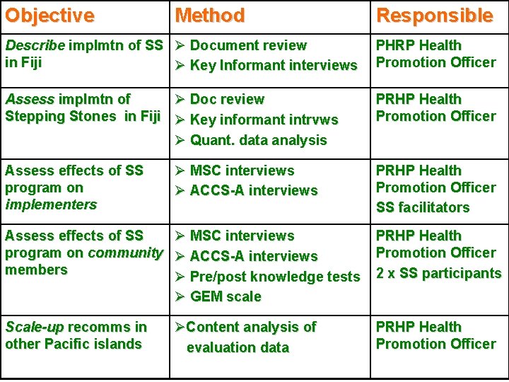 Objective Method Responsible Describe implmtn of SS Ø Document review in Fiji Ø Key