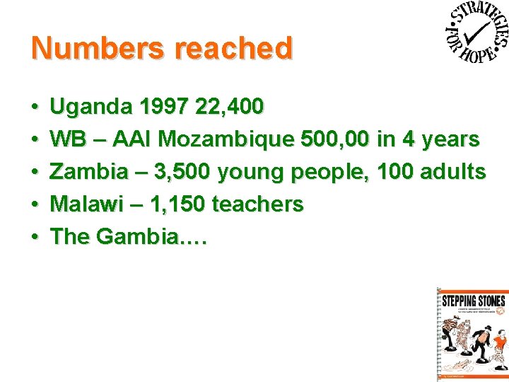 Numbers reached • • • Uganda 1997 22, 400 WB – AAI Mozambique 500,