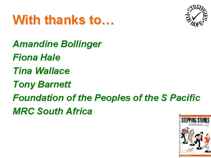 With thanks to… Amandine Bollinger Fiona Hale Tina Wallace Tony Barnett Foundation of the