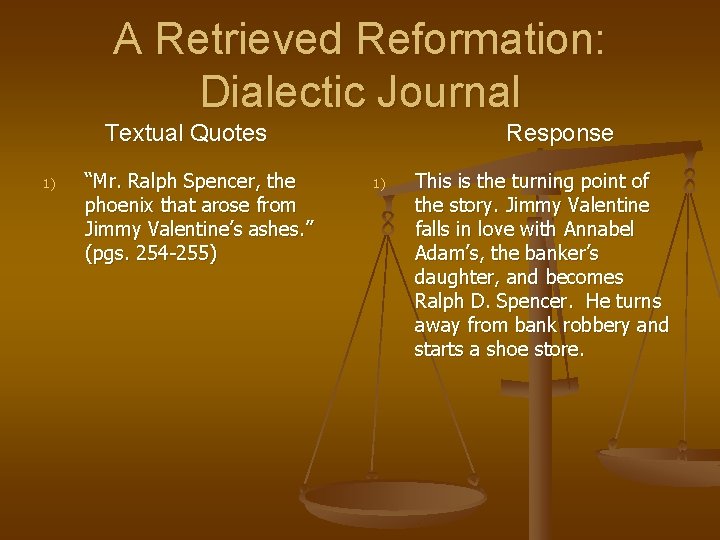 A Retrieved Reformation: Dialectic Journal Textual Quotes 1) “Mr. Ralph Spencer, the phoenix that