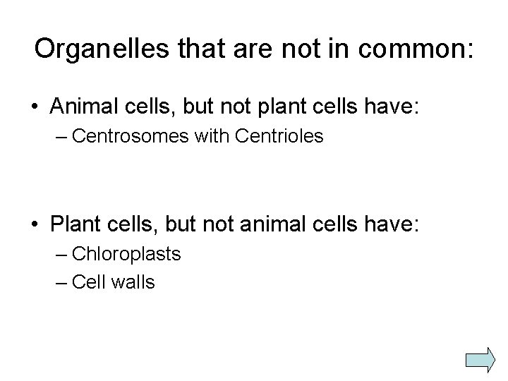 Organelles that are not in common: • Animal cells, but not plant cells have: