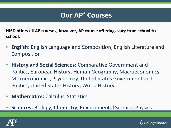 Our AP® Courses HISD offers all AP courses; however, AP course offerings vary from