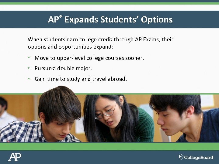AP® Expands Students’ Options When students earn college credit through AP Exams, their options