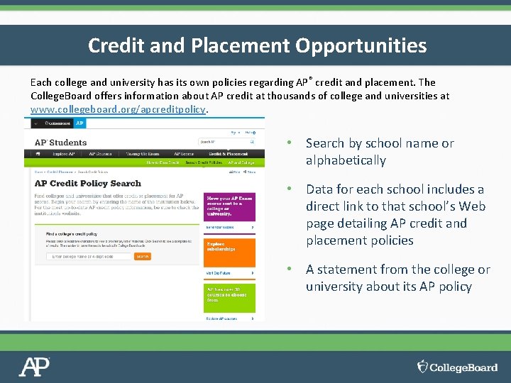 Credit and Placement Opportunities Each college and university has its own policies regarding AP®
