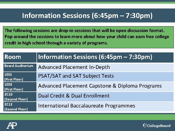 Information Sessions (6: 45 pm – 7: 30 pm) The following sessions are drop-in