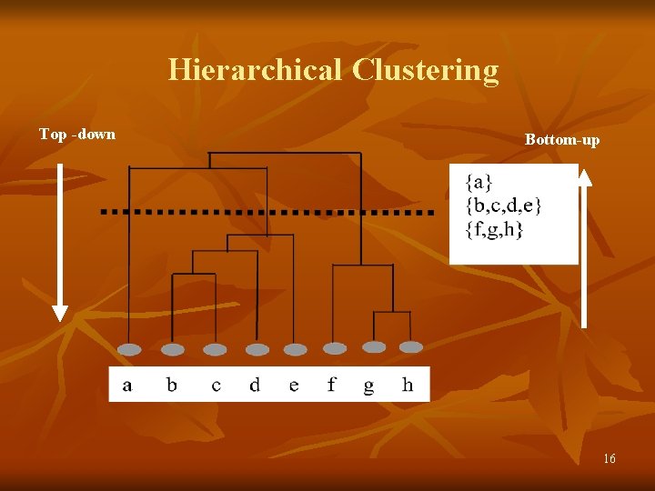 Hierarchical Clustering Top -down Bottom-up 16 