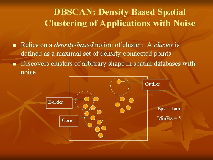 DBSCAN: Density Based Spatial Clustering of Applications with Noise n n Relies on a