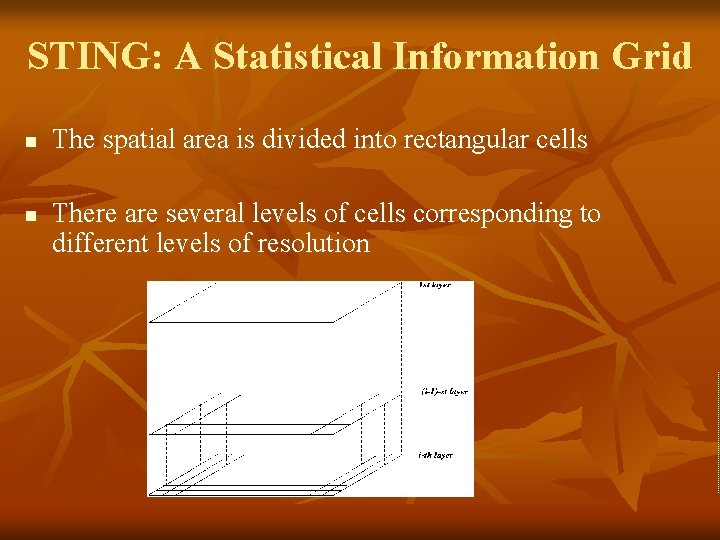 STING: A Statistical Information Grid n n The spatial area is divided into rectangular