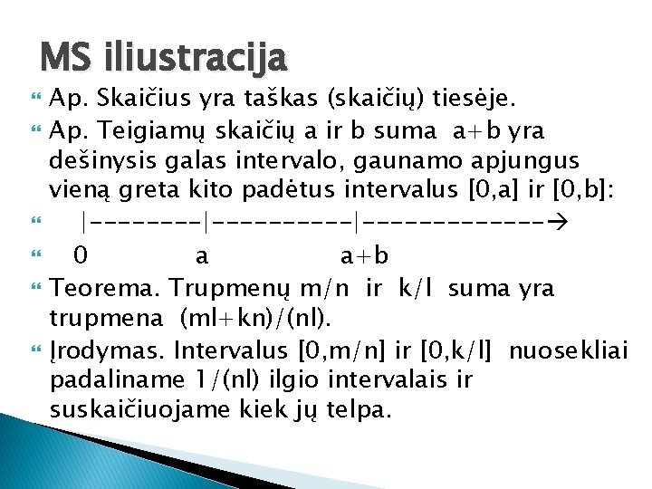 MS iliustracija Ap. Skaičius yra taškas (skaičių) tiesėje. Ap. Teigiamų skaičių a ir b