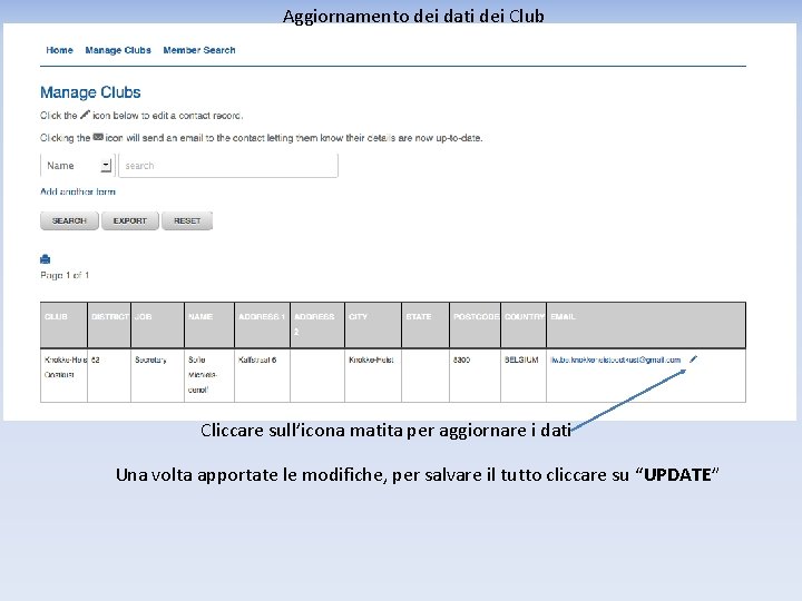 Aggiornamento dei dati dei Club Cliccare sull’icona matita per aggiornare i dati Una volta