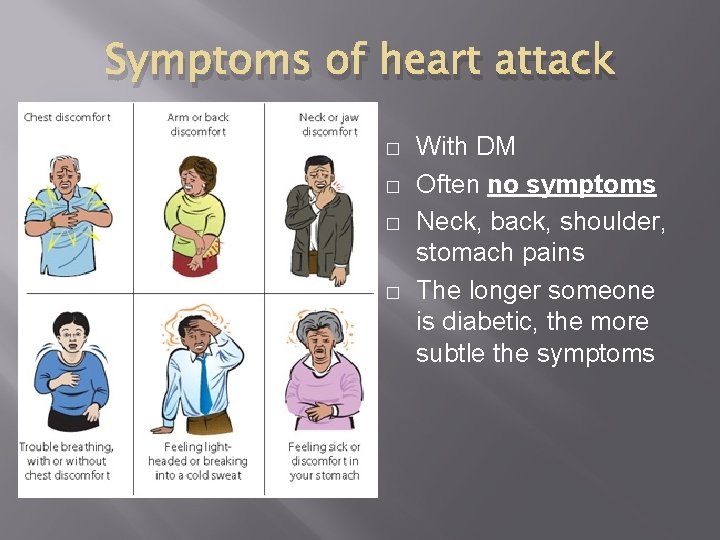 Symptoms of heart attack � � With DM Often no symptoms Neck, back, shoulder,