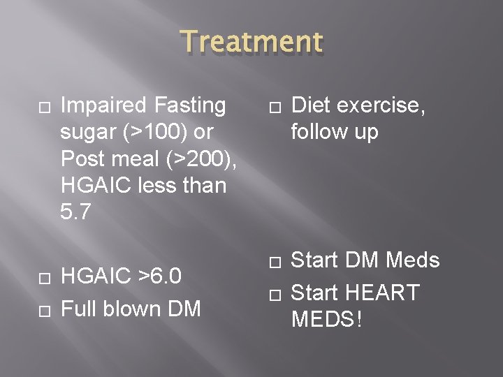 Treatment � � � Impaired Fasting sugar (>100) or Post meal (>200), HGAIC less