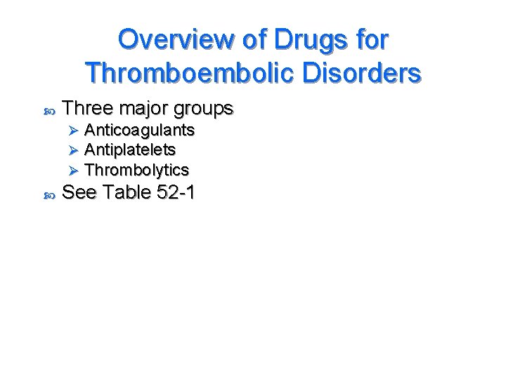 Overview of Drugs for Thromboembolic Disorders Three major groups Ø Ø Ø Anticoagulants Antiplatelets