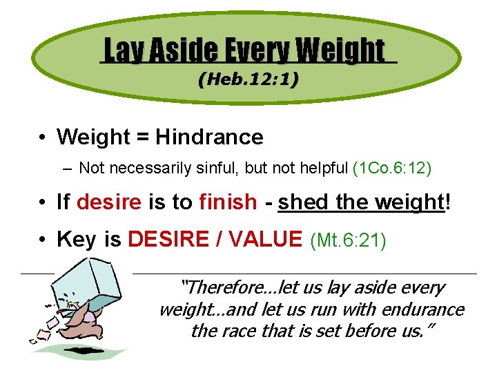 Lay Aside Every Weight (Heb. 12: 1) • Weight = Hindrance – Not necessarily