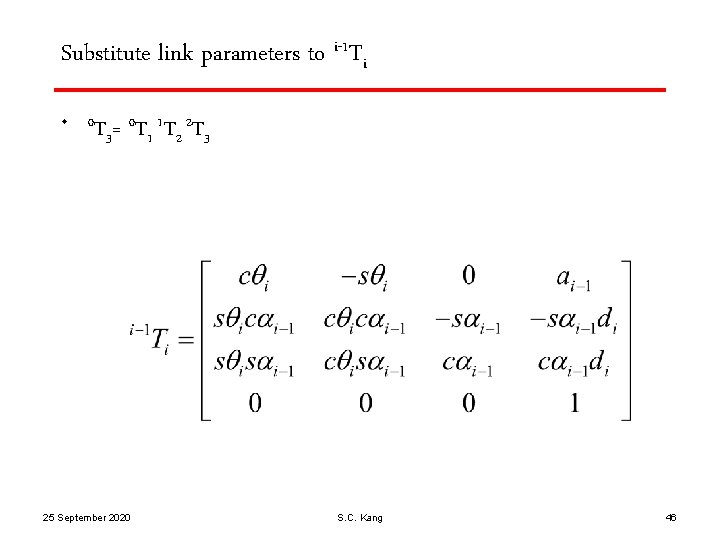 Substitute link parameters to i-1 Ti • 0 T 0 T 1 T 2