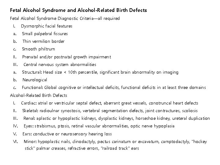 Fetal Alcohol Syndrome and Alcohol-Related Birth Defects Fetal Alcohol Syndrome Diagnostic Criteria—all required I.