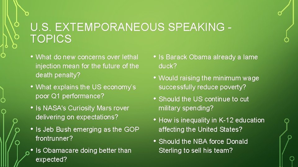 U. S. EXTEMPORANEOUS SPEAKING - TOPICS • What do new concerns over lethal injection