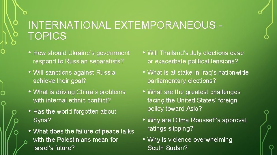 INTERNATIONAL EXTEMPORANEOUS - TOPICS • How should Ukraine’s government • Will Thailand’s July elections