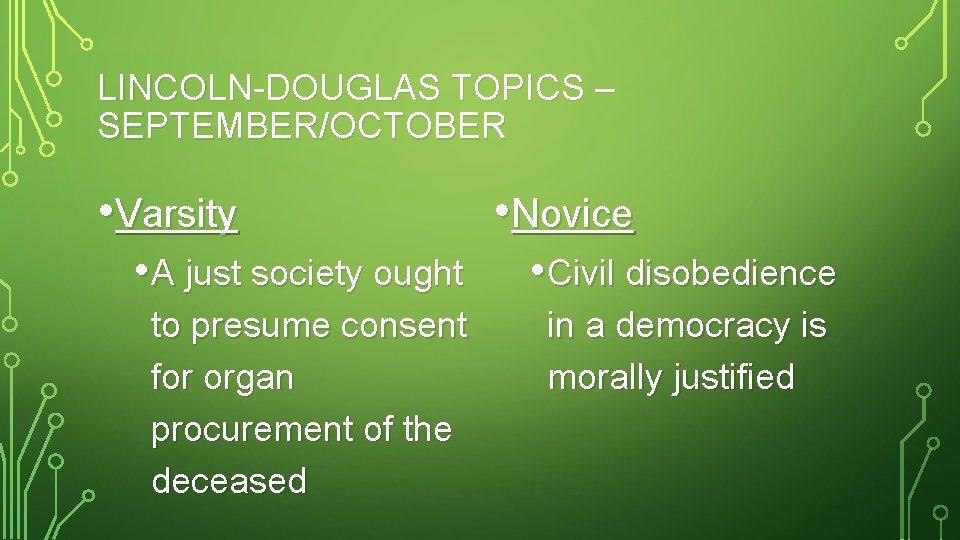 LINCOLN-DOUGLAS TOPICS – SEPTEMBER/OCTOBER • Varsity • Novice • A just society ought •