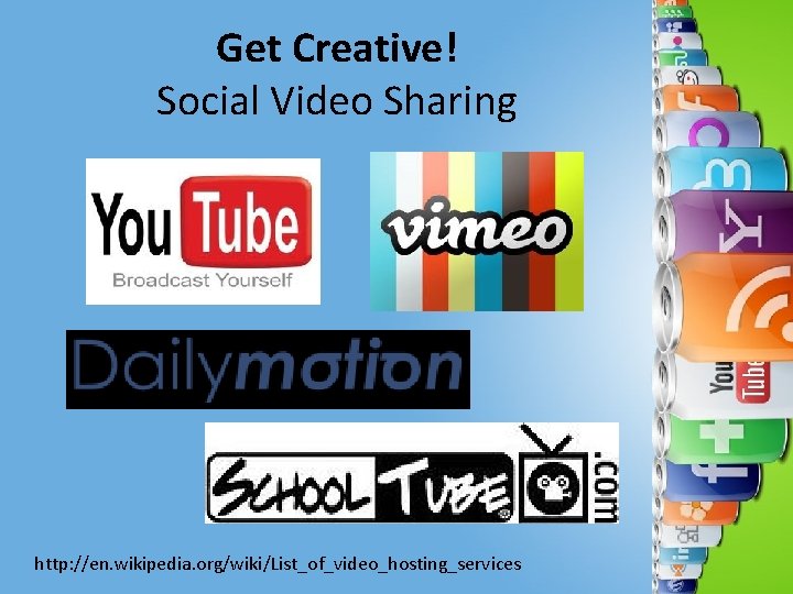 Get Creative! Social Video Sharing http: //en. wikipedia. org/wiki/List_of_video_hosting_services 