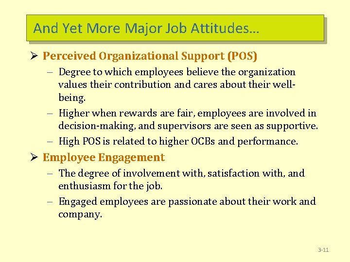 And Yet More Major Job Attitudes… Ø Perceived Organizational Support (POS) – Degree to