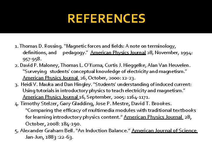 REFERENCES 1. Thomas D. Rossing. “Magnetic forces and fields: A note on terminology, definitions,