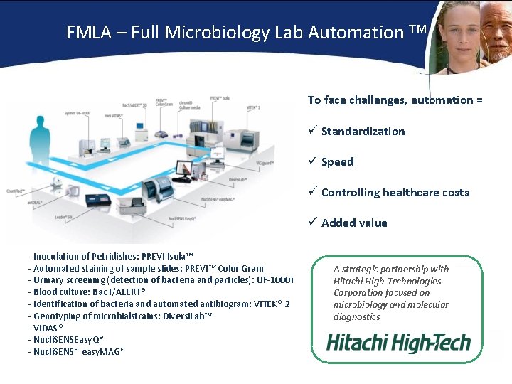 FMLA – Full Microbiology Lab Automation TM To face challenges, automation = ü Standardization