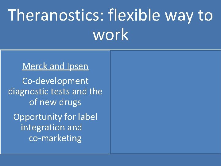 Theranostics: flexible way to work Gsk Merck and Ipsen Co-development of a Co-development predictive
