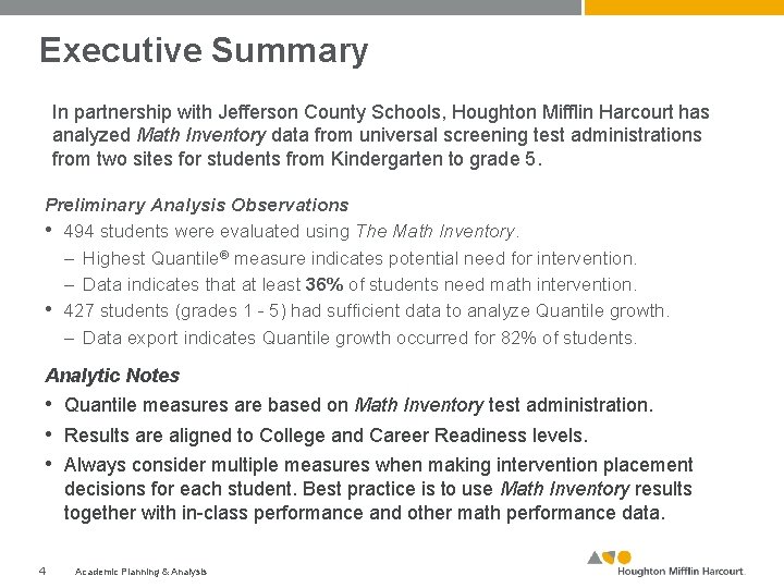 Executive Summary In partnership with Jefferson County Schools, Houghton Mifflin Harcourt has analyzed Math