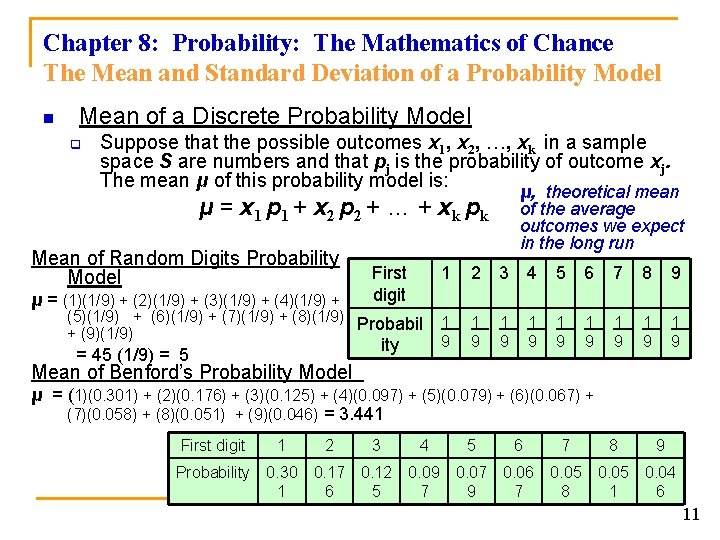 Chapter 8: Probability: The Mathematics of Chance The Mean and Standard Deviation of a