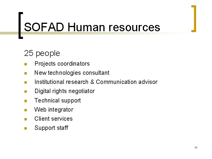 SOFAD Human resources 25 people n Projects coordinators n New technologies consultant n Institutional