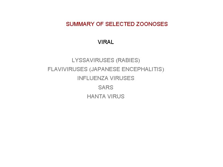 SUMMARY OF SELECTED ZOONOSES VIRAL LYSSAVIRUSES (RABIES) FLAVIVIRUSES (JAPANESE ENCEPHALITIS) INFLUENZA VIRUSES SARS HANTA