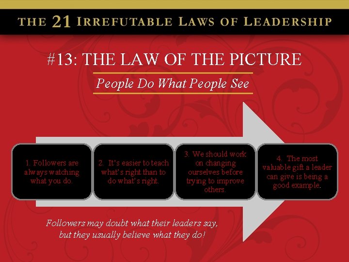 #13: THE LAW OF THE PICTURE People Do What People See 1. Followers are