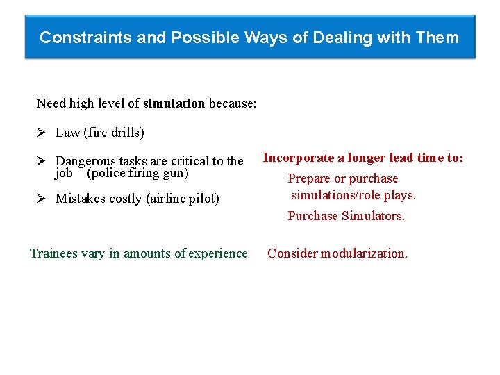 Constraints and Possible Ways of Dealing with Them Need high level of simulation because: