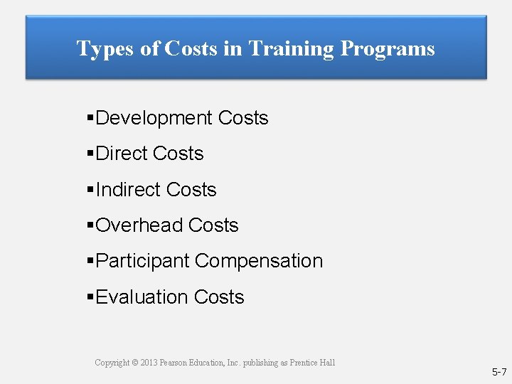 Types of Costs in Training Programs §Development Costs §Direct Costs §Indirect Costs §Overhead Costs