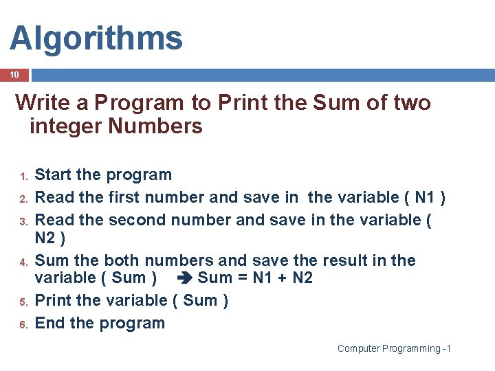 Algorithms 10 Write a Program to Print the Sum of two integer Numbers 1. Algorithms 10 Write a Program to Print the Sum of two integer Numbers 1.