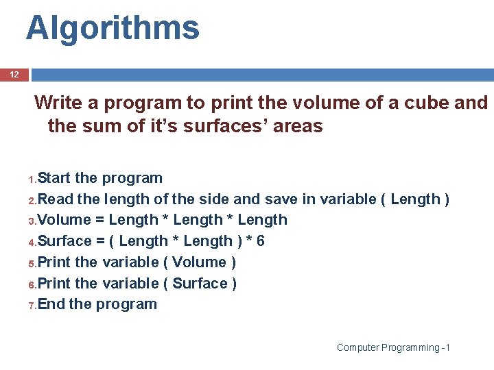Algorithms 12 Write a program to print the volume of a cube and the