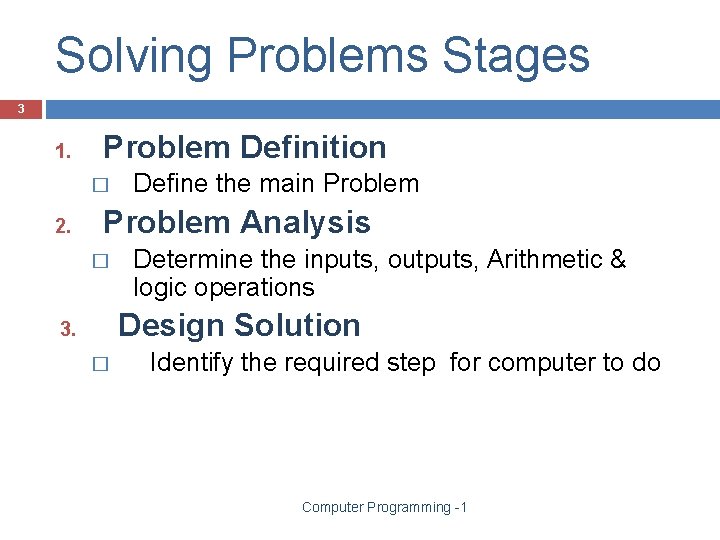 Solving Problems Stages 3 1. Problem Definition � 2. Define the main Problem Analysis